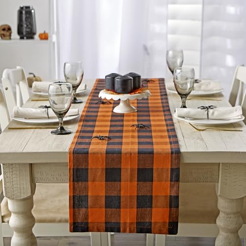 Farmhouse Table Runner 14x108 Inch Orange & Black Buffalo Check