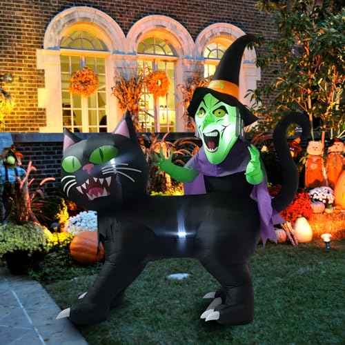 8ft Halloween Inflatable Witch Riding Black Cat Yard Decor with LED Lights
