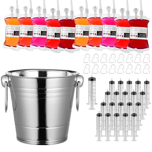 Halloween Blood IV Bags Party Supplies Set with Ice Bucket and Syringes
