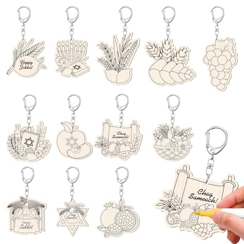 Wooden Sukkot Craft Keychains Set - 24 Pcs, 12 Styles for Holiday DIY
