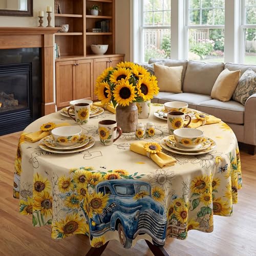 Sunflower Tablecloth 70 Inch Round - Blue Truck and Gnome Design, Washable Summer Decor