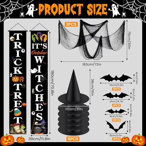 Halloween Outdoor Decorations Set with Banners Witch Hats Bats Creepy Cloth