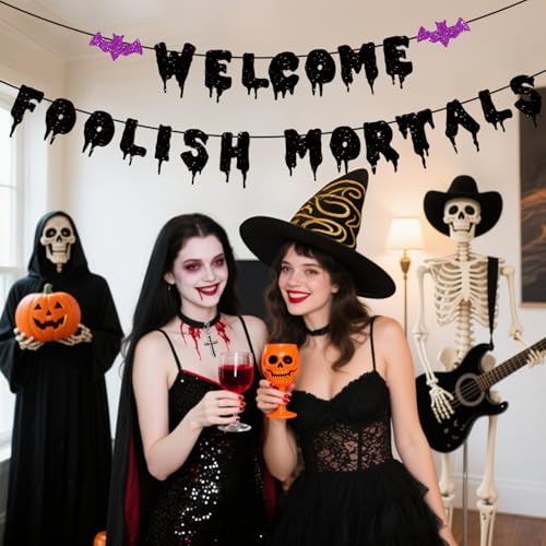 Halloween Welcome Foolish Mortals Banner with Bat - Black Glitter Haunted House Decor