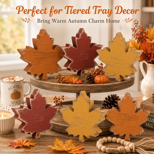 Fall Wooden Leaf Decorations Set - 6pcs Rustic Autumn Home Decor
