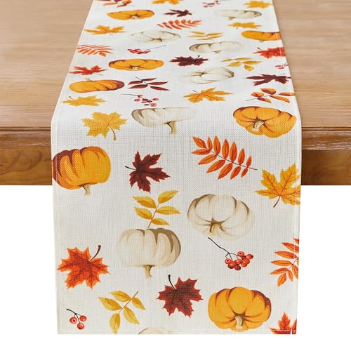 Fall Thanksgiving Table Runner - Rustic Pumpkin & Maple Leaves, Orange 13x36 Inch, Machine Washable