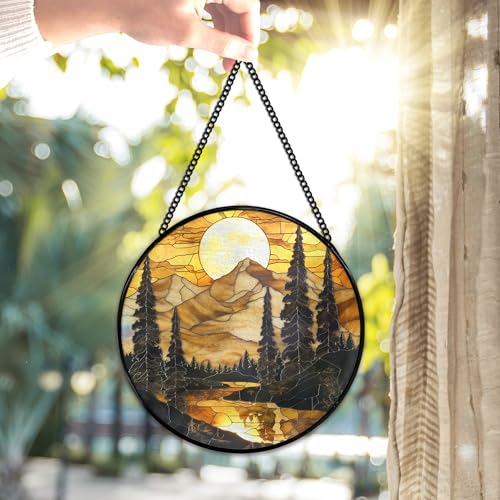 Mountain Sunset Suncatcher - Rustic Stained Glass Window Art - Variation Color13