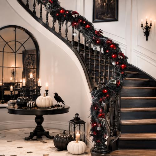 Black 9FT Prelit Halloween Garland with Lights, Skeleton Hand Roses & Web - Variation of THIS listing