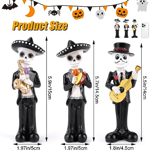 White Day of The Dead Skeleton Figurines with Mariachi Band - Halloween Decor, 3PCS, 5.5In