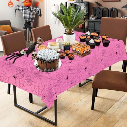 Pink Halloween Spider Web Tablecloths - 2 Pack, 108x54 Inch Disposable Plastic Decor