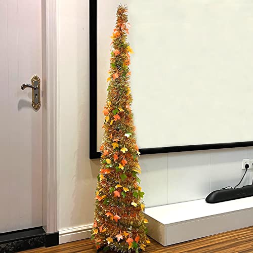 5ft Pop Up Tinsel Tree with LED Lights - Artificial Maple Fall Decor Yellow