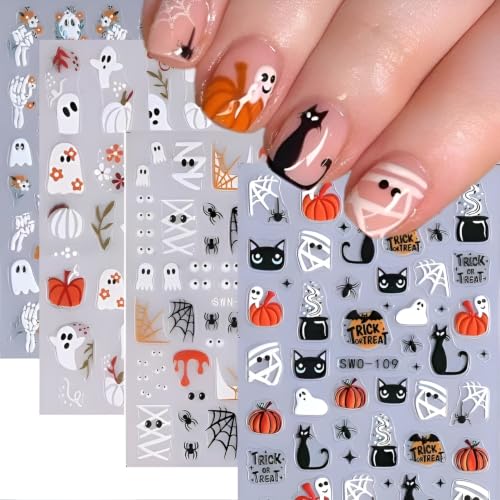 Halloween Nail Stickers Ghost & Spider Web Design - Colorful 1, 4 Sheets