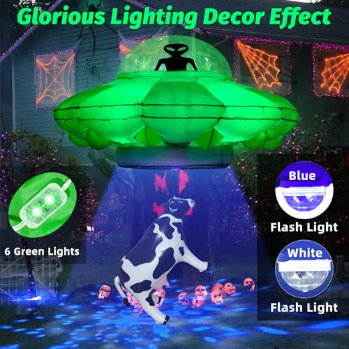 Alien Party Decorations 4.2FT Hanging UFO Cow Abduction Inflatable with 2 Jumbo Aliens & Cow - Halloween Yard Decor with LED Lights