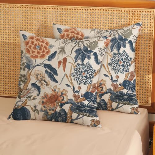 Navy Blue Orange Floral Pillow Covers Set of 2 24x24 Inch Chinoiserie Outdoor Linen
