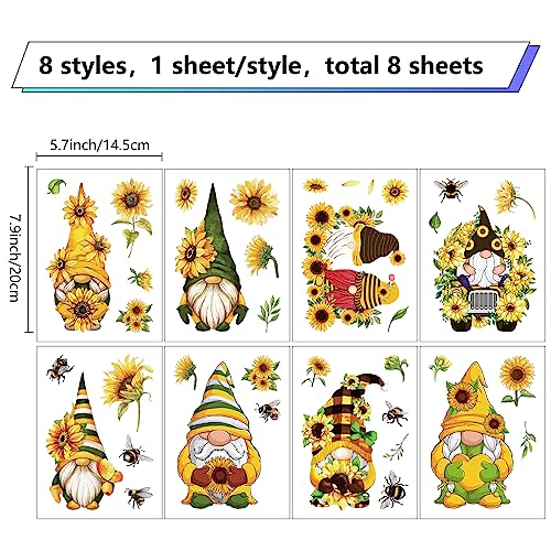 Spring Theme Window Decals - Sunflower & Gnome Stickers for Glass Walls - 8 Sheets, Reusable, Waterproof