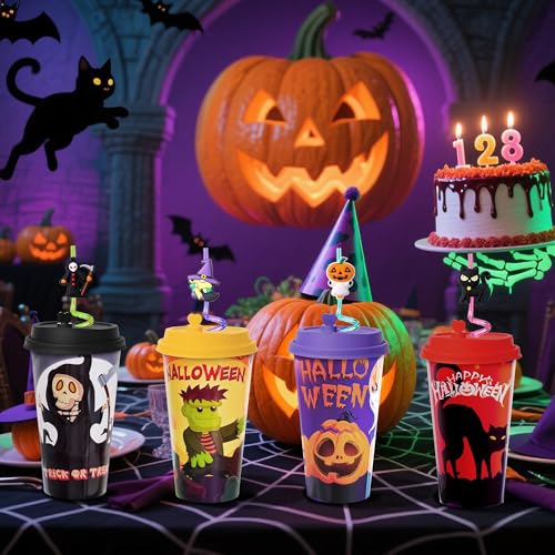 24 Halloween Party Favors Cups with Lids & Straws Bulk - Kids' Festive Drinkware - Variation of THIS listing 24