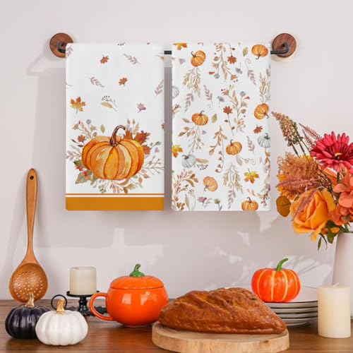 Orange Leaves Pumpkin Fall Kitchen Towels Set - Ultra-Soft Dish Towels, 2 Pack