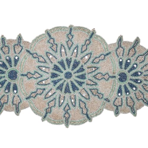 Hand Beaded Silver Green Table Runner 13x36 Inch Accent Decor