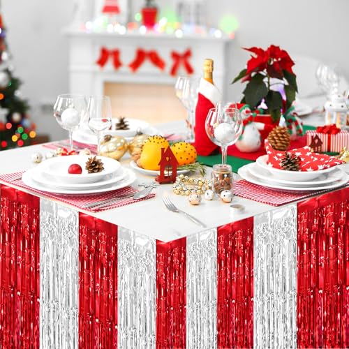 Red Silver Foil Fringe Table Skirt Set - 2 Pack, 29.5x108 Inches, Party Decorations