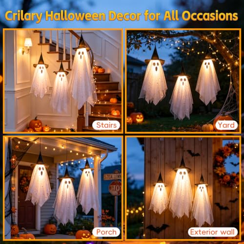 Yellow 3 Pack Halloween Ghost Decorations with Witch Hats & LED Lights Outdoor Decor