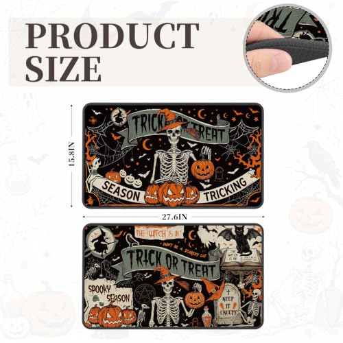 Halloween Skeleton Black Cat Floor Rugs Set of 2 - Vintage Spooky Entryway Mats with Silicone Backing
