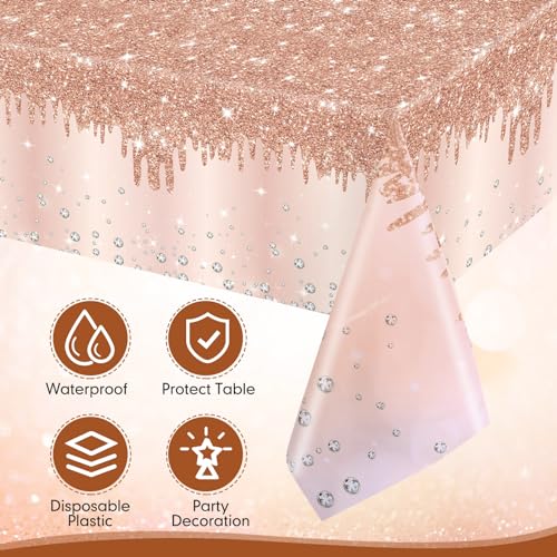 Rose Gold Glitter Diamond Plastic Tablecloth 54x108 Inch - 12 Pack Party Supplies