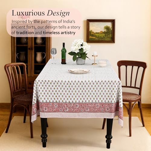 Rosette Bloom Cotton Tablecloth 70x108 Inches - Indian Block Print, Rectangular, Wedding & Party Decor