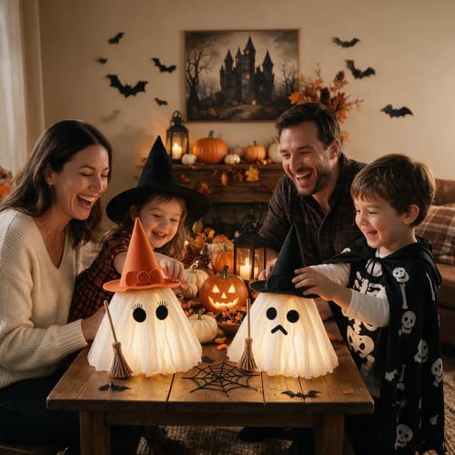 Light-Up Halloween Ghost Decorations Set of 2 with Witch Hats - Spooky Tabletop Decor