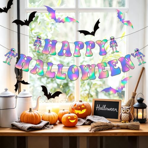 Halloween Party Banner and 3D Bat Decorations - Iridescent & Holographic Set