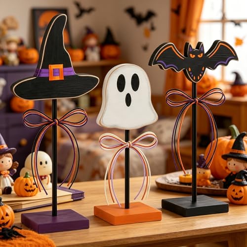 Halloween Ghost Bat Witch Hat Table Decorations - 3pcs Farmhouse Rustic Halloween Decor - Variation: Witch Hat