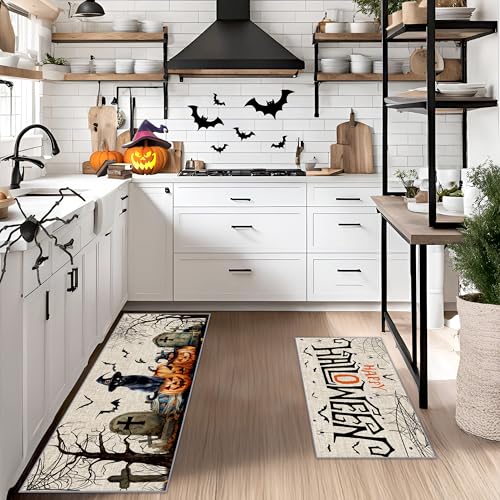 Halloween Kitchen Mat Set of 2 Non-Slip Washable Floor Rugs Ghost Pumpkin Decor