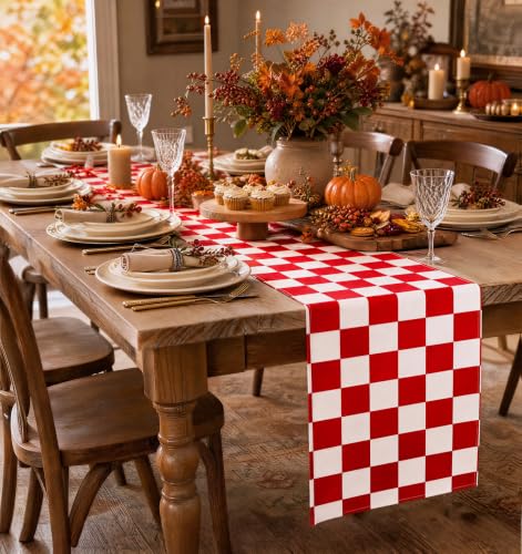 Red Gingham Checkered Table Runner - 13 x 72 Inch, Waterproof, Reusable