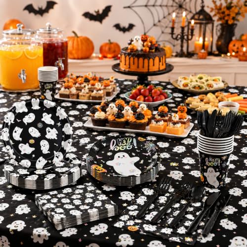 Halloween Ghost Paper Plate & Napkin Set - Black Ghost Variation, 168 Pieces for 24 Guests