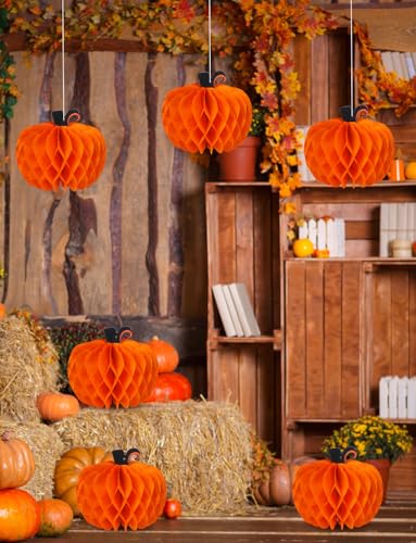 12 Pcs Fall Pumpkin Honeycomb Paper Decorations for Thanksgiving Halloween Harvest Party