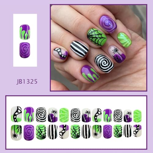 Halloween Short Square Press On Nails with Spider Web Design - Black & White Spiral Stripe, 24Pcs - Halloween-19