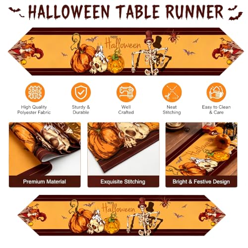 Halloween Table Runner Pumpkin Skeleton Witch Decor 71x12 Yellow