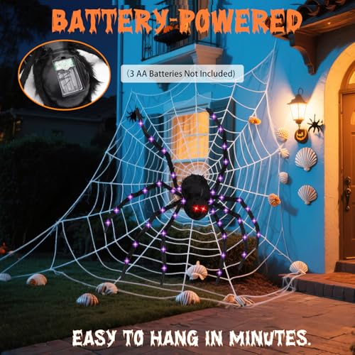Giant Outdoor Halloween Spider Decor - 78-Inch Light Up Fake Spider with 8 Light Modes
