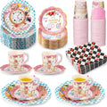 FillTouch Wonderland Paper Tea Cups and Saucers Set - 50 Pieces for Tea Party