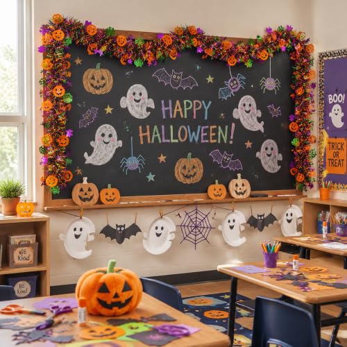 50ft Halloween Tinsel Garland with Orange Pumpkins & Bats - Indoor Outdoor Decor Variation of THIS listing