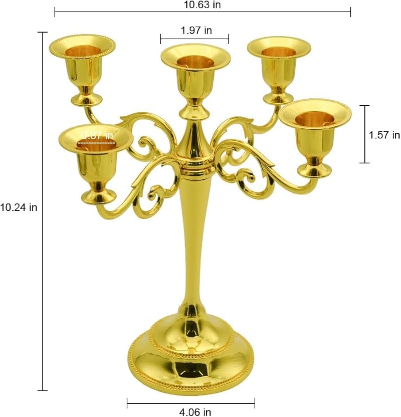 Black 5-Candle Metal Candelabra for Pillar & Taper Candles 10.6 Inch Tall Home Decor - Glod