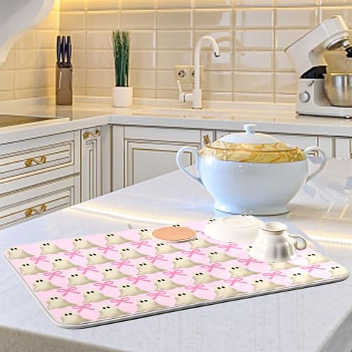 Pink Halloween Ghost Bow Dish Drying Mat - 18x24 Reusable Microfiber Kitchen Countertop