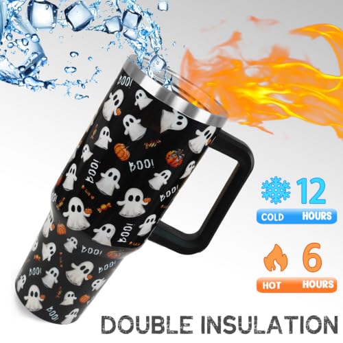 Halloween Tumbler with Handle 40oz - Cute Ghost Pumpkin Dark Aesthetic Travel Mug - Black Boo Variation