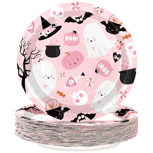 Pink Halloween Paper Plates 50 Pack - 9 Inch Disposable Ghost Party Tableware