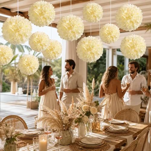 12 Pcs Cream Tissue Paper Pom Poms for Wedding Party Decorations