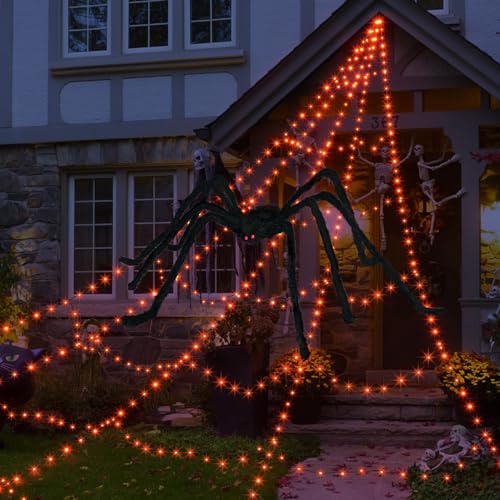 Outdoor Halloween Decorations with 455 LED Spider Web & 59-Inch Spider - Orange Web & Spider Variation