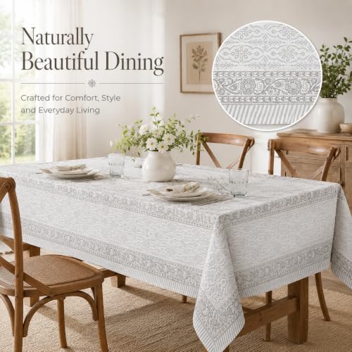 Hibiscus Grey Vine Floral Rectangle Cotton Tablecloth 72x120 Inch - Hand Block Printed for Dining & Festive Use
