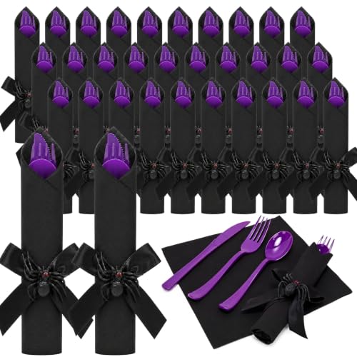 Halloween Spider Themed Disposable Cutlery Set - Black and Purple, 30 Pieces