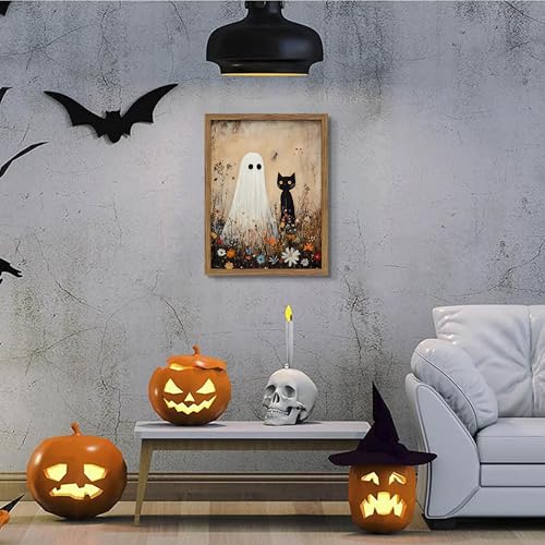Ghost Black Cat Framed Halloween Wall Art - 24x16 Inch Spooky Cat Decor