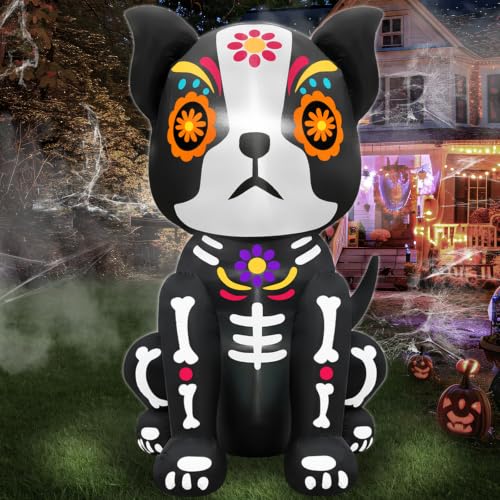 4 Ft Day of The Dead Inflatable Skull Dog with LED Lights for Halloween & Outdoor Decor