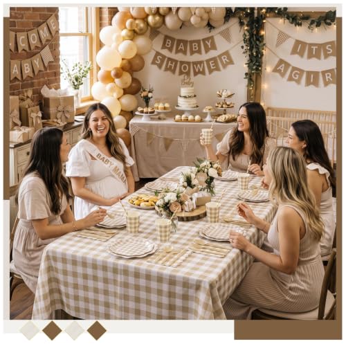 Gingham Party Supplies Set - Brown and Beige Disposable Plates Napkins Cups Cutlery & Tablecloth - 452 Pieces