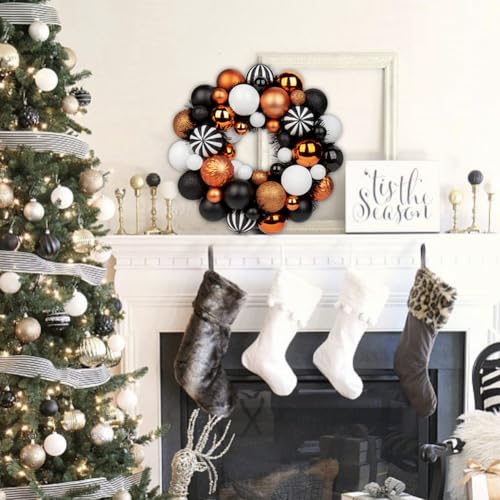 Halloween Ball Wreath 13 Inch Xmas Holiday Door Wall Decor Glitter Ornaments, White Black Orange